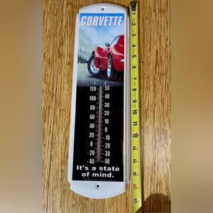 Vintage Corvette 'It's A State Of Mind.' Metal Wall Thermometer Porcelain 17”